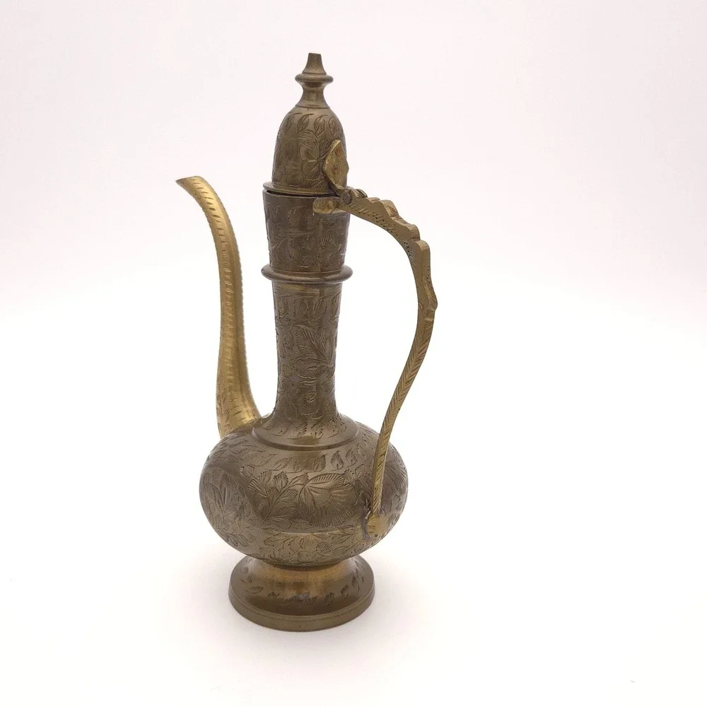 Beautiful Vintage 60s Aftaba Ewer Indian Brass Tea coffee Pot Signed Hand carved